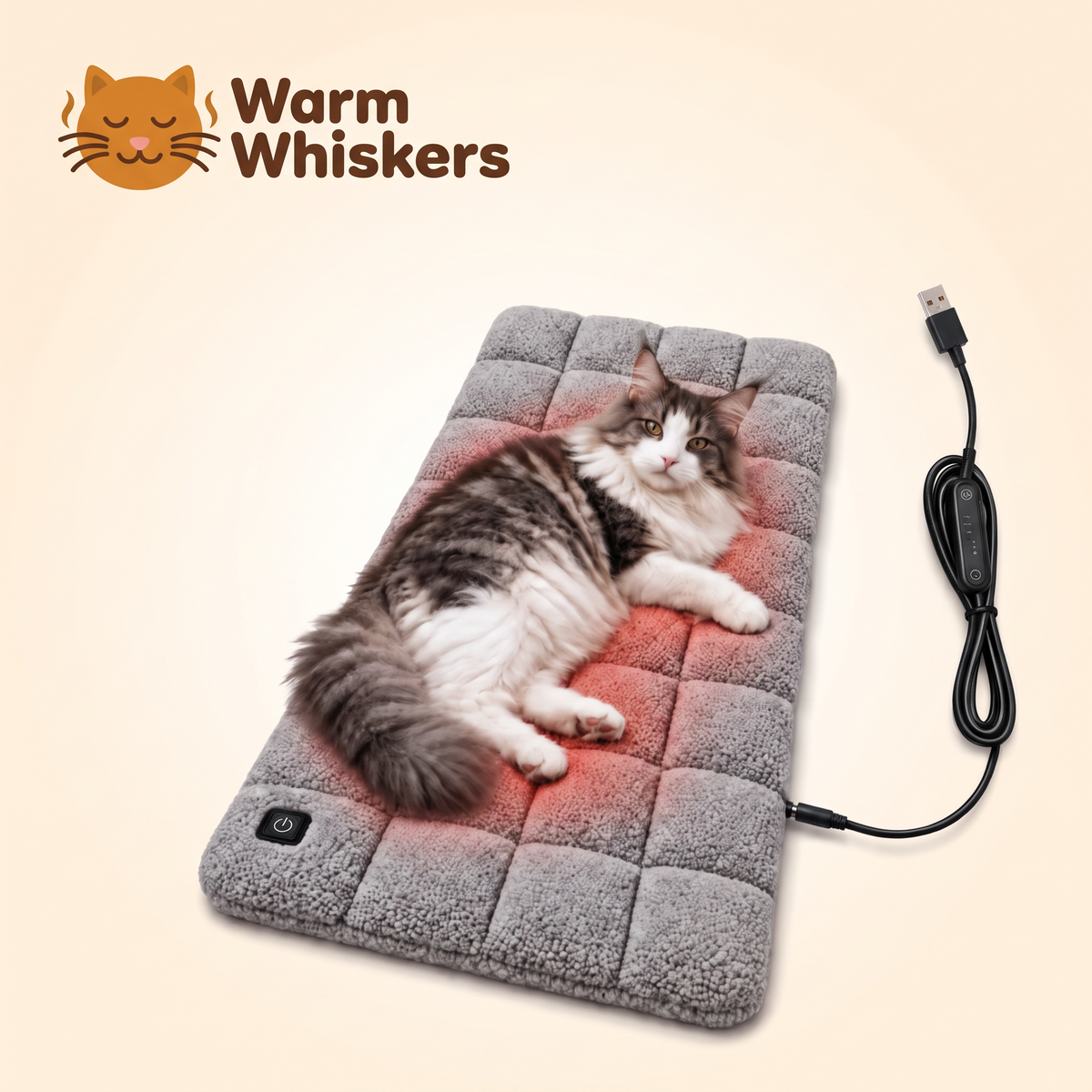 Warm Whiskers heated cat pad with a fluffy cat lying on it, USB cable included