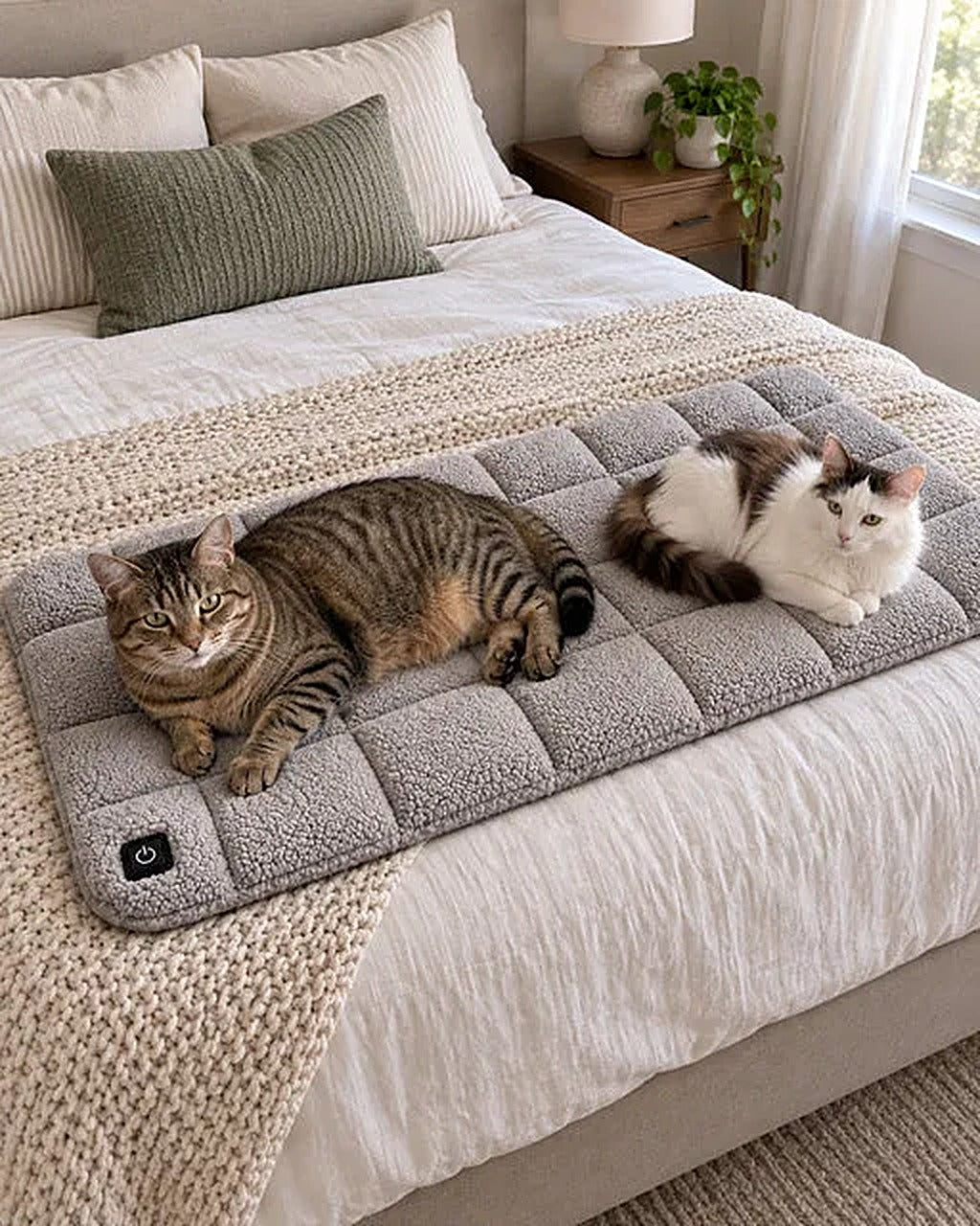 Two cats sharing the Warm Whiskers heated cat pad on a cosy bed