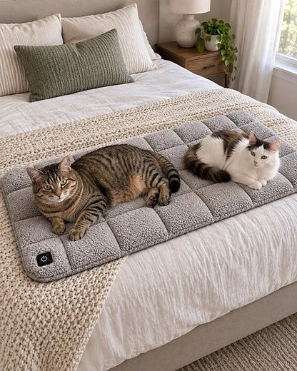 Two cats sharing the Warm Whiskers heated cat pad on a cosy bed