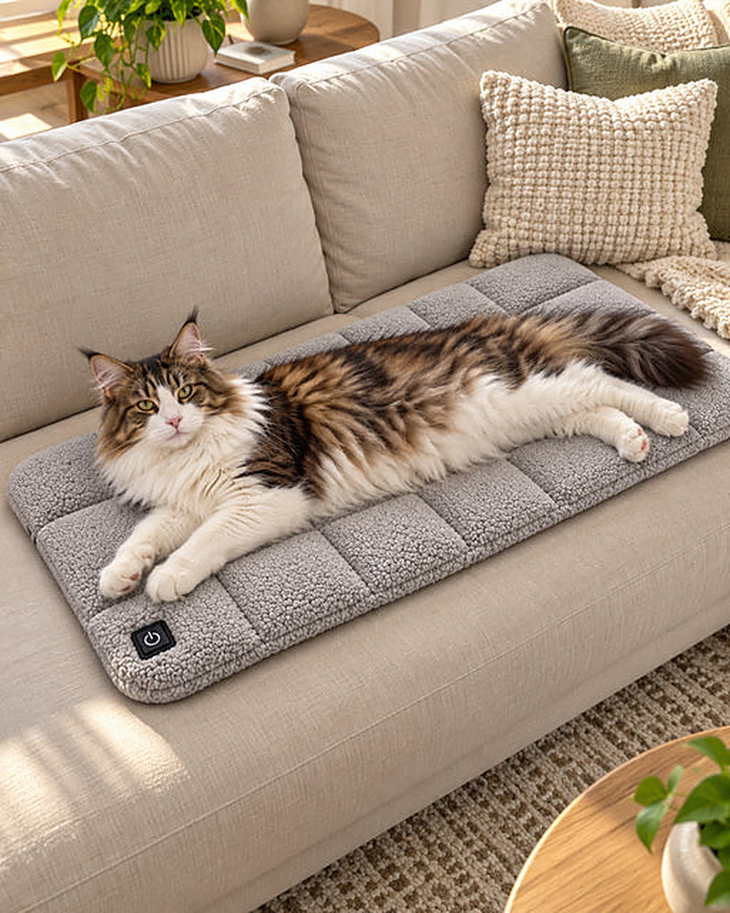 Fluffy Maine Coon cat stretched out on the Warm Whiskers heated cat pad on a cream sofa